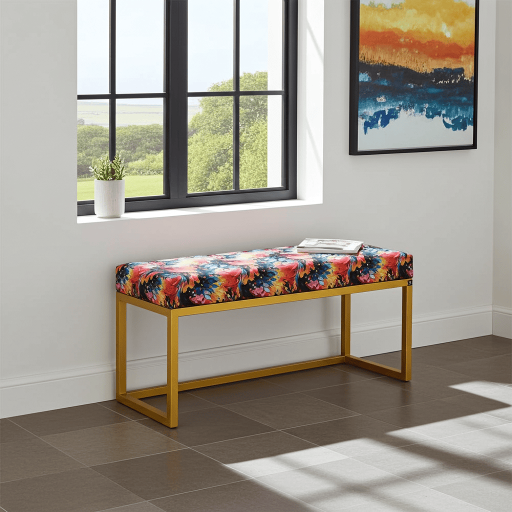 Metal-Framed Bench Multicolour Abstract Velvet & Yellow