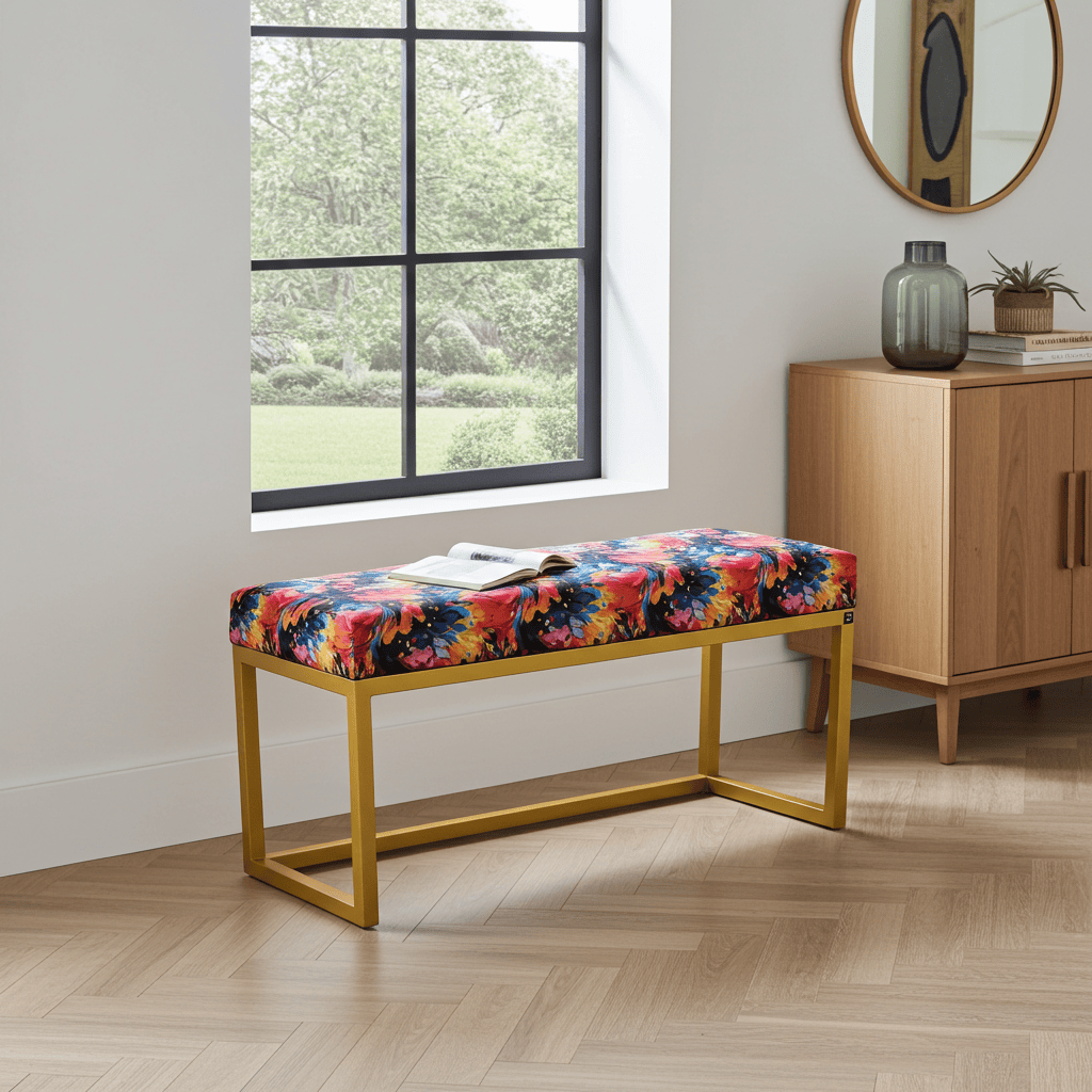 Metal-Framed Bench Multicolour Abstract Velvet & Yellow