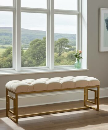Modern Velvet Metal Bench – Gold Frame, Rectangular, Long