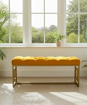 Modern Velvet Metal Bench – Gold Frame, Rectangular, Long