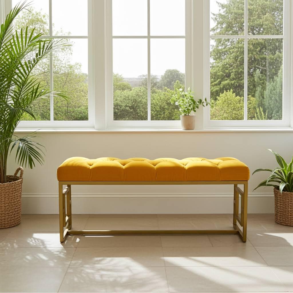 Modern Velvet Metal Bench – Gold Frame, Rectangular, Long