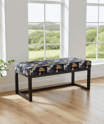 Navy Floral Wooden Bench 100x40cm – Black Alder Frame
