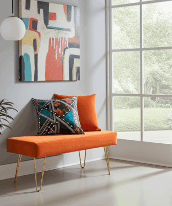 Orange Velvet Bench 105x40cm - Golden Metal Legs