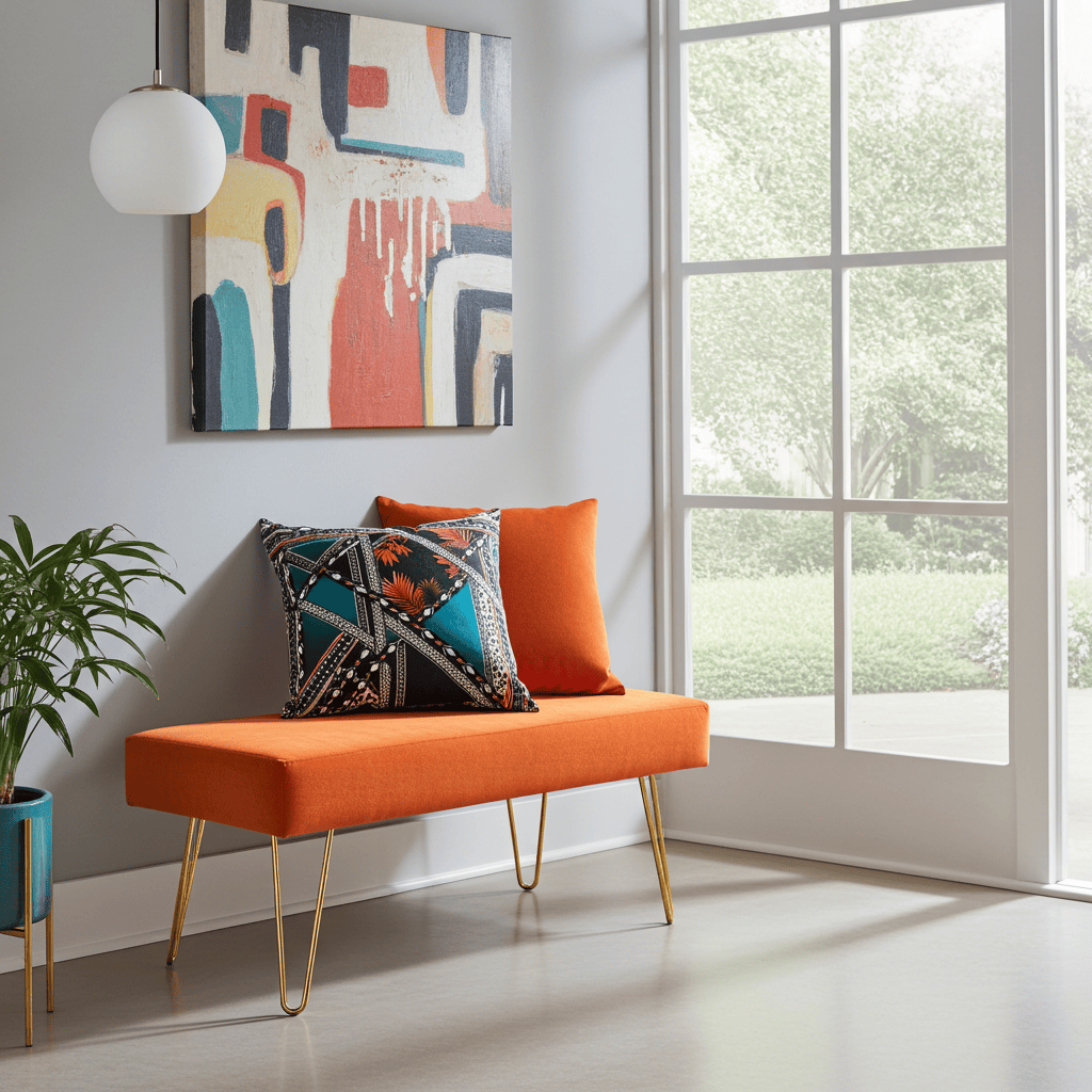 Orange Velvet Bench 105x40cm - Golden Metal Legs