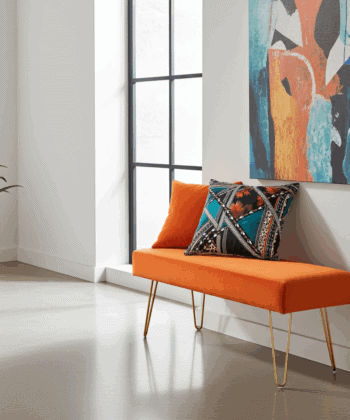 Orange Velvet Bench 105x40cm - Golden Metal Legs