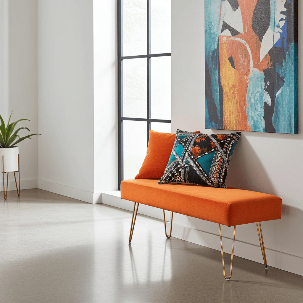 Orange Velvet Bench 105x40cm - Golden Metal Legs