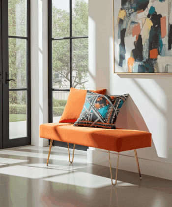 Orange Velvet Bench 105x40cm - Golden Metal Legs