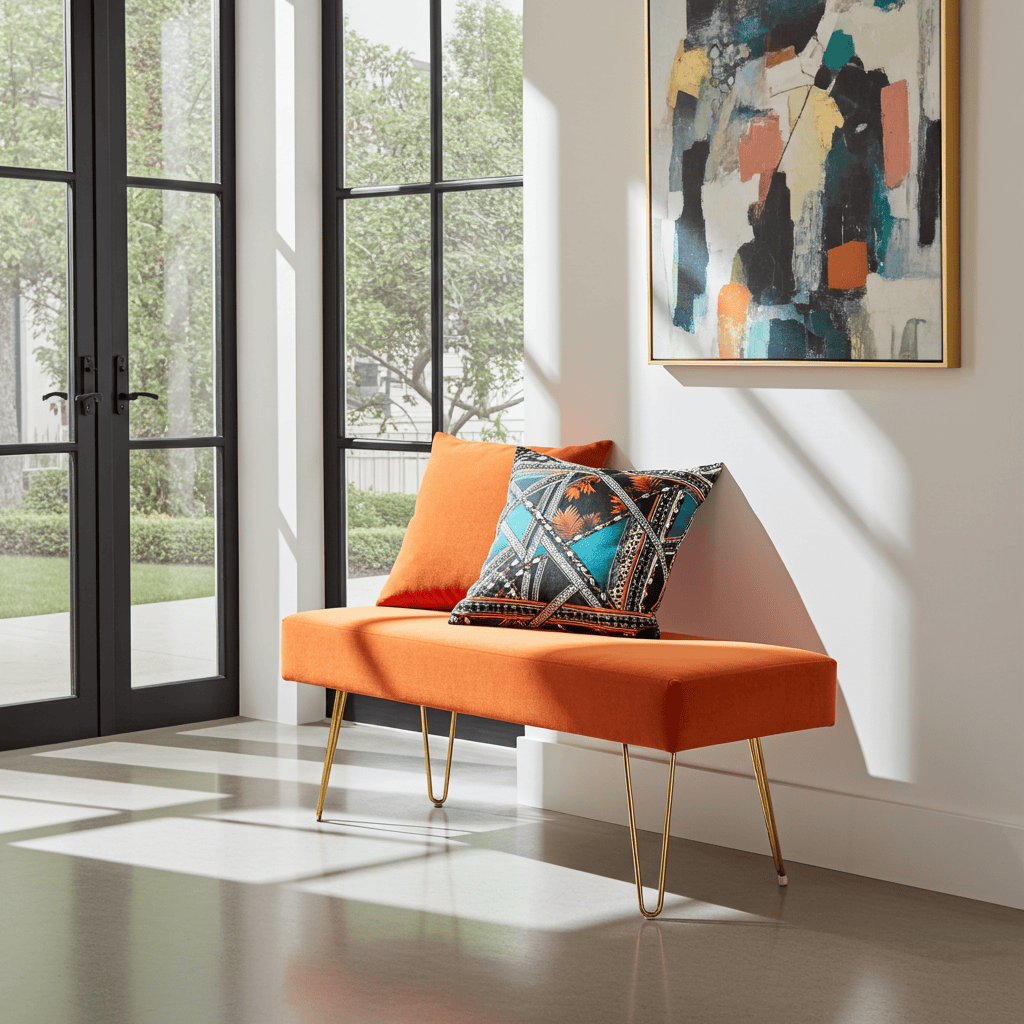 Orange Velvet Bench 105x40cm - Golden Metal Legs