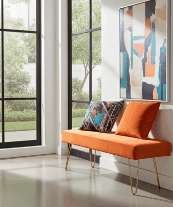 Orange Velvet Bench 105x40cm - Golden Metal Legs