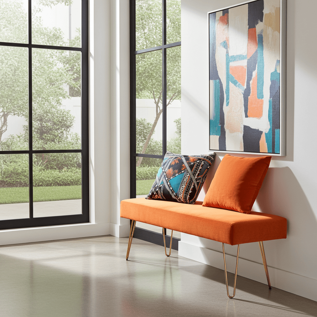 Orange Velvet Bench 105x40cm - Golden Metal Legs