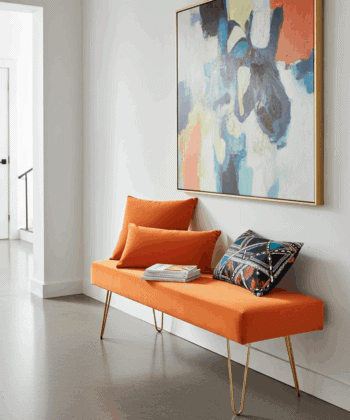 Orange Velvet Bench 105x40cm - Golden Metal Legs