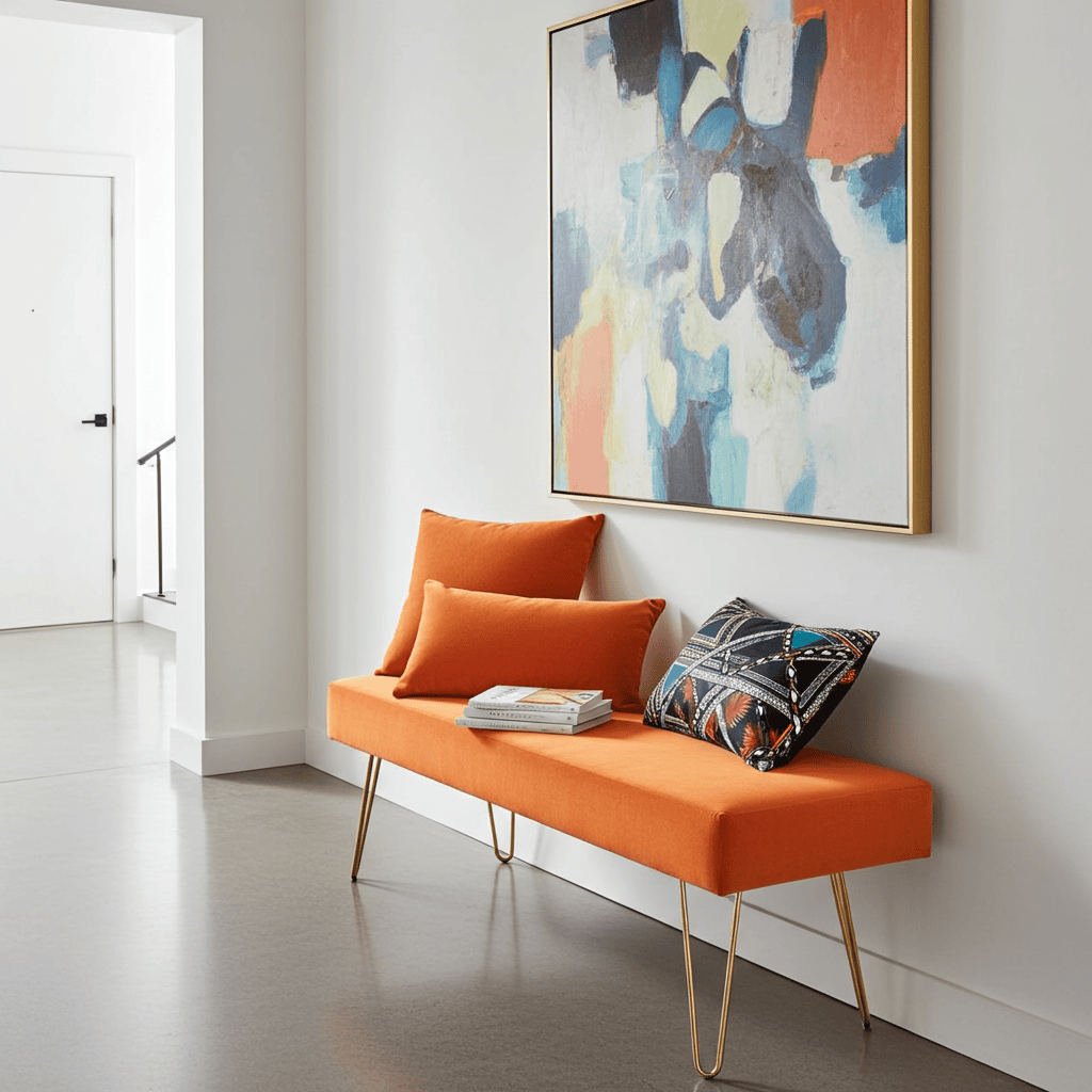 Orange Velvet Bench 105x40cm - Golden Metal Legs