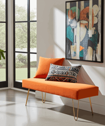 Orange Velvet Bench 105x40cm - Golden Metal Legs