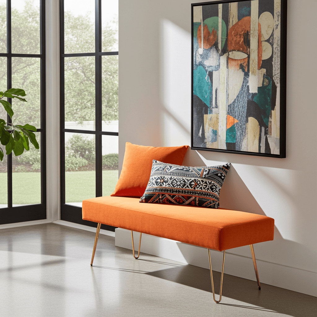 Orange Velvet Bench 105x40cm - Golden Metal Legs