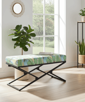Patterned Green Velvet Black Metal Frame Bench – 100x40x40/50cm