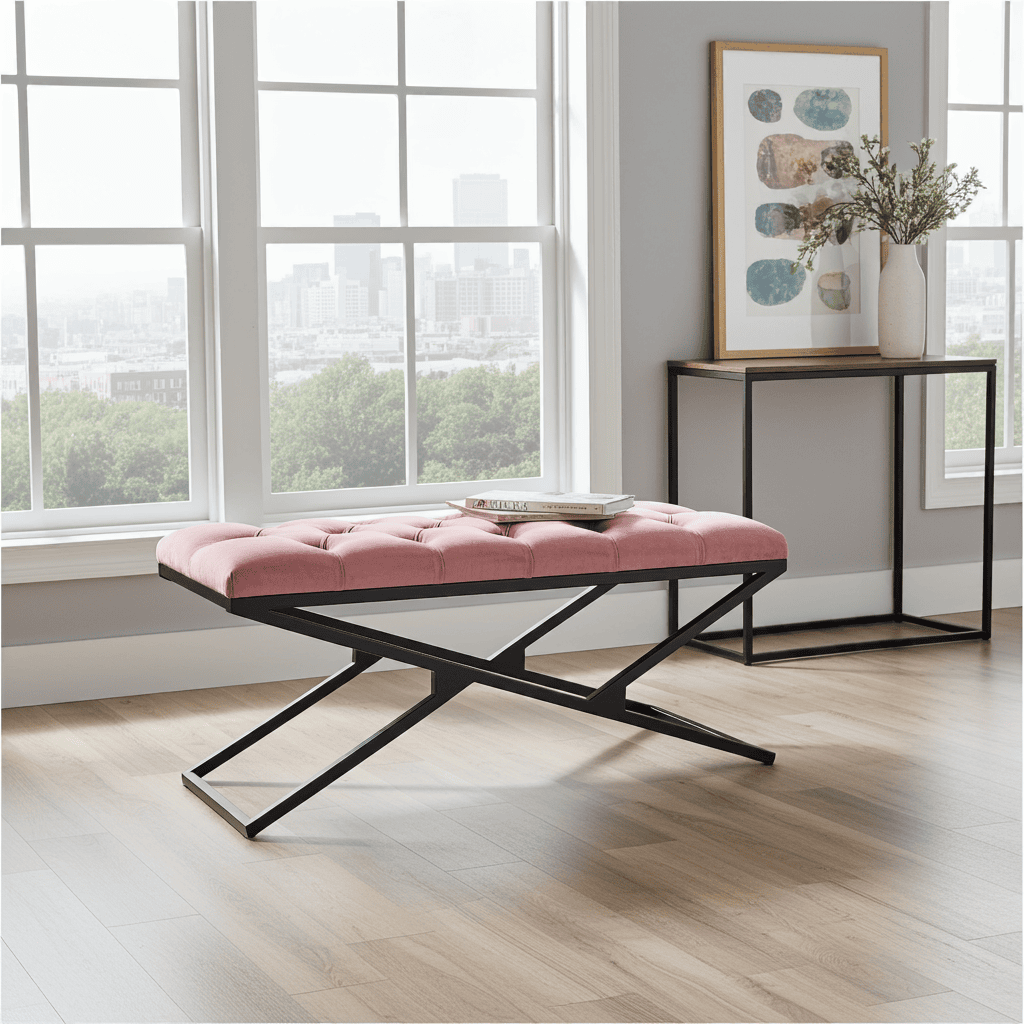 Pink Velvet Black Metal Frame Bench – 100x40x40/50cm