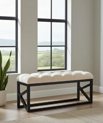 White Velvet Bench 100x30cm - Black Metal Frame