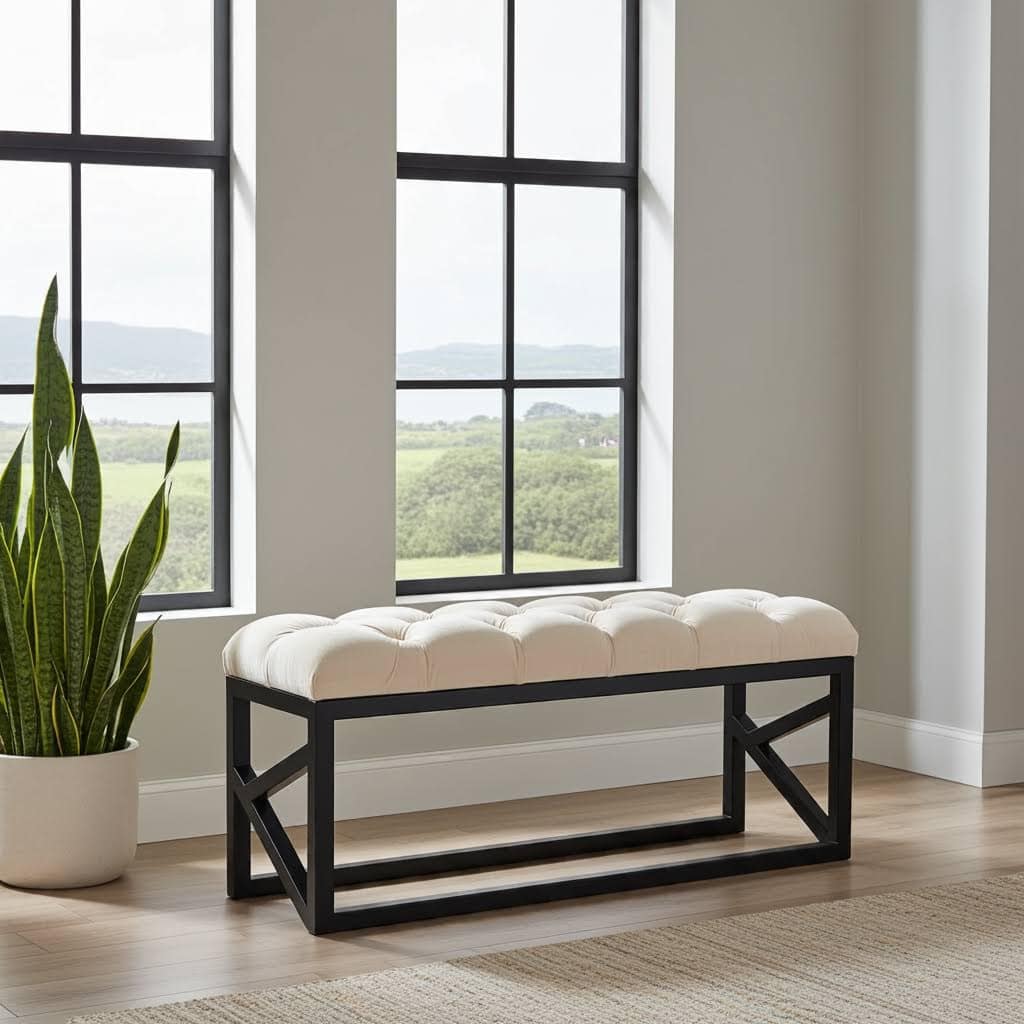 White Velvet Bench 100x30cm - Black Metal Frame