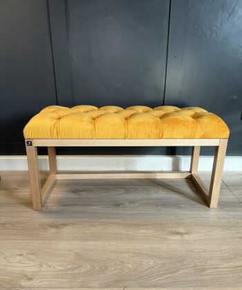 Wooden-Framed Velvet Bench Mustard Yellow Seat, Alder Base
