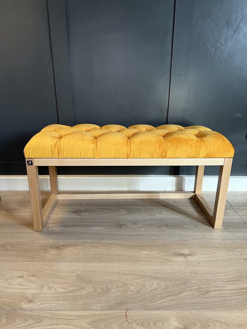 Wooden-Framed Velvet Bench Mustard Yellow Seat, Alder Base