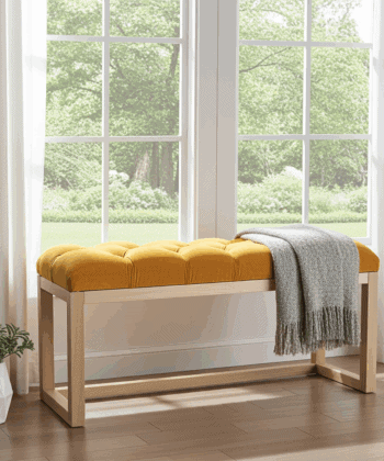 Wooden-Framed Velvet Bench Mustard Yellow Seat, Alder Base