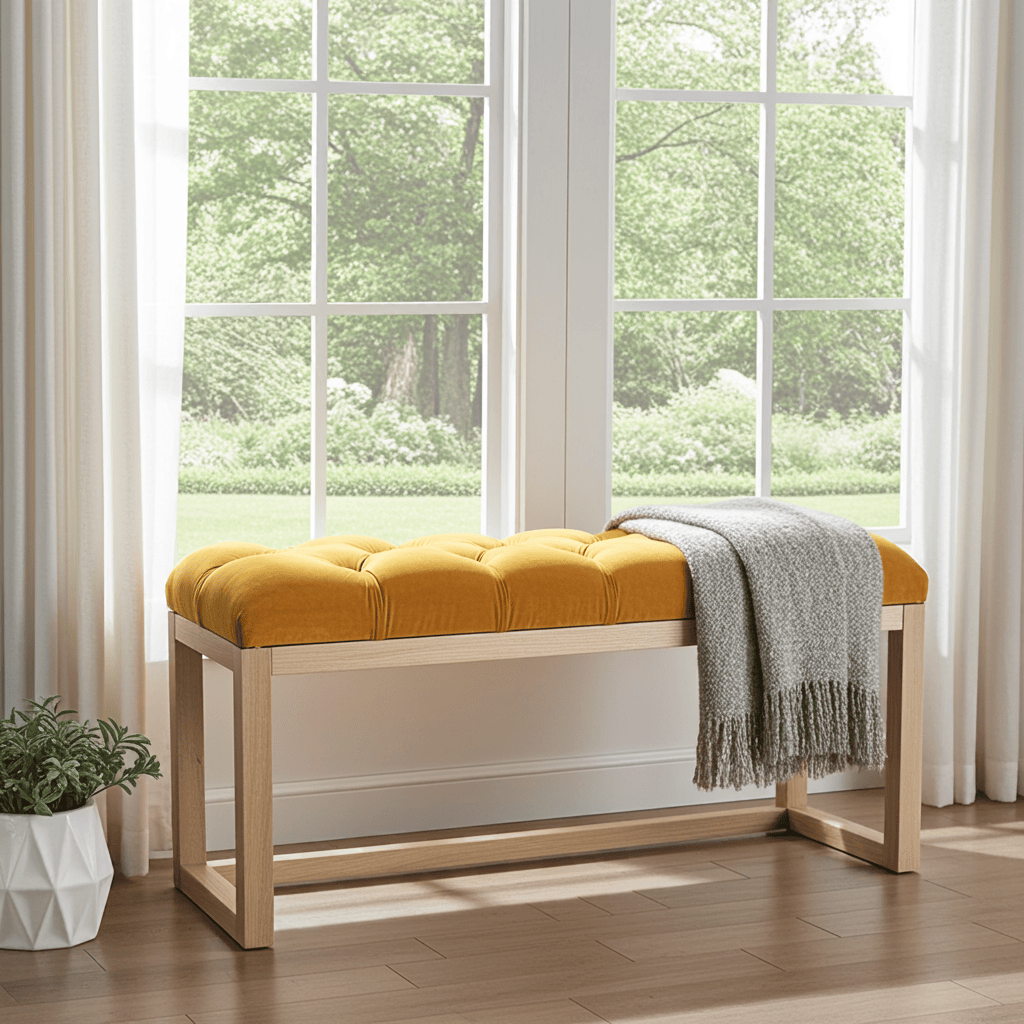 Wooden-Framed Velvet Bench Mustard Yellow Seat, Alder Base