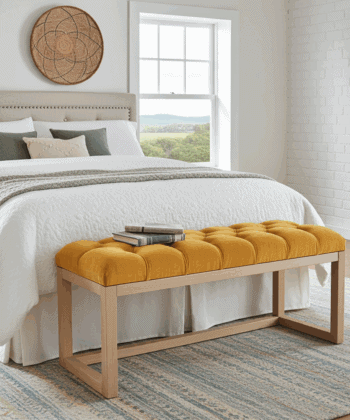 Wooden-Framed Velvet Bench Mustard Yellow Seat, Alder Base
