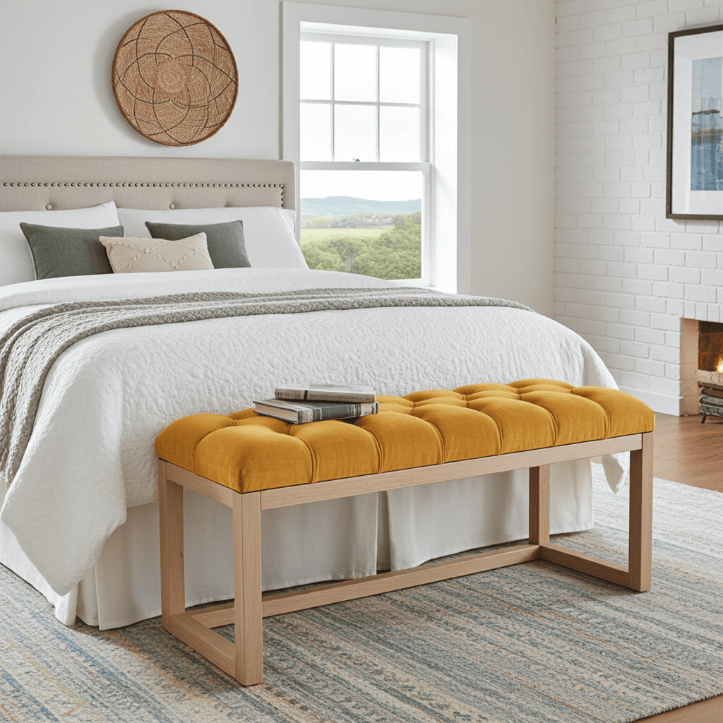 Wooden-Framed Velvet Bench Mustard Yellow Seat, Alder Base