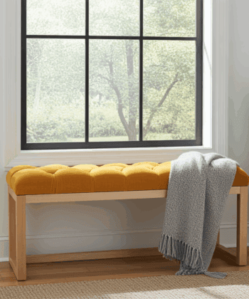 Wooden-Framed Velvet Bench Mustard Yellow Seat, Alder Base