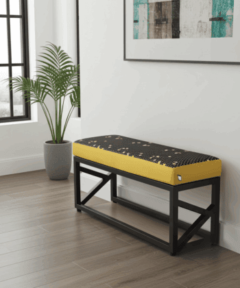Yellow Patterned Velvet Bench 100x30cm - Black Metal Frame