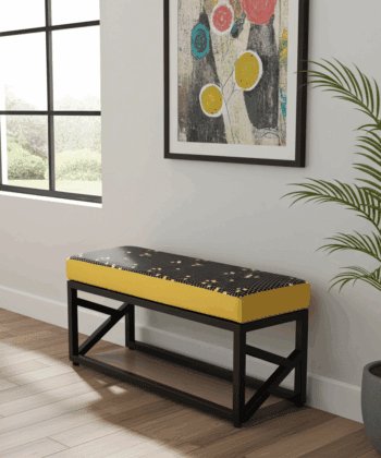 Yellow Patterned Velvet Bench 100x30cm - Black Metal Frame