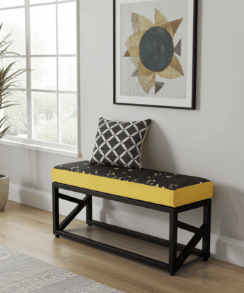Yellow Patterned Velvet Bench 100x30cm - Black Metal Frame