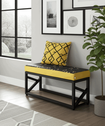 Yellow Patterned Velvet Bench 100x30cm - Black Metal Frame