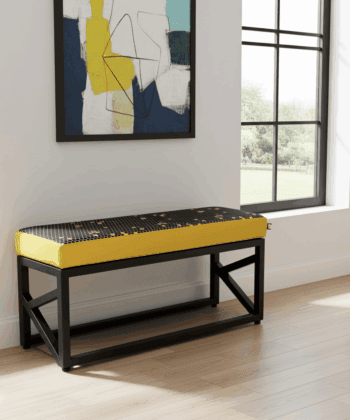 Yellow Patterned Velvet Bench 100x30cm - Black Metal Frame