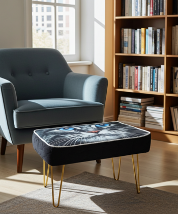 Footstool Blue Eyed Cat Face Velvet with Golden Hairpin Legs