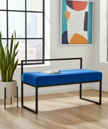 Blue Velour Bench with Backrest 100x40cm - Black Metal Frame