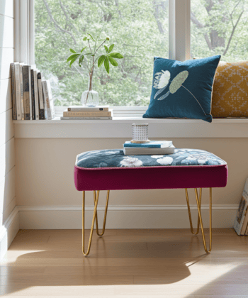 Footstool 60x40cm - Dark Floral Velvet with Golden Hairpin Legs
