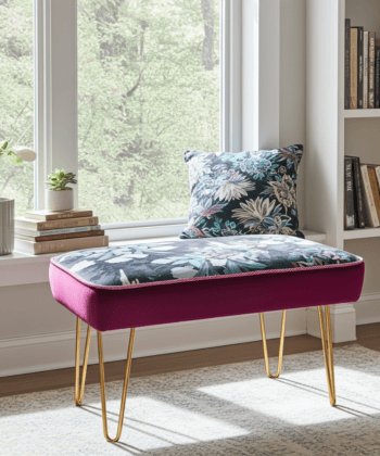 Footstool 60x40cm - Dark Floral Velvet with Golden Hairpin Legs