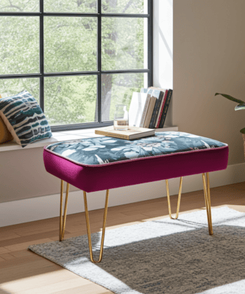 Footstool 60x40cm - Dark Floral Velvet with Golden Hairpin Legs