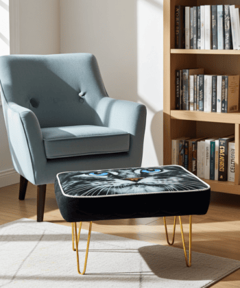 Footstool Blue Eyed Cat Face Velvet with Golden Hairpin Legs