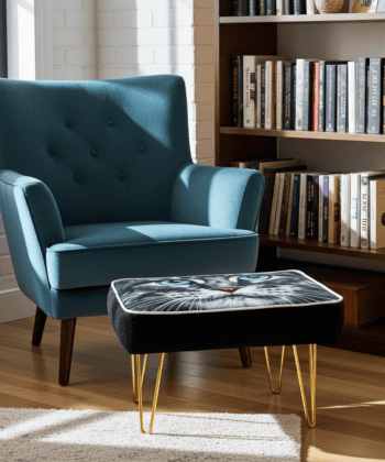 Footstool Blue Eyed Cat Face Velvet with Golden Hairpin Legs