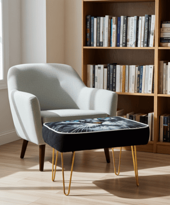 Footstool Blue Eyed Cat Face Velvet with Golden Hairpin Legs