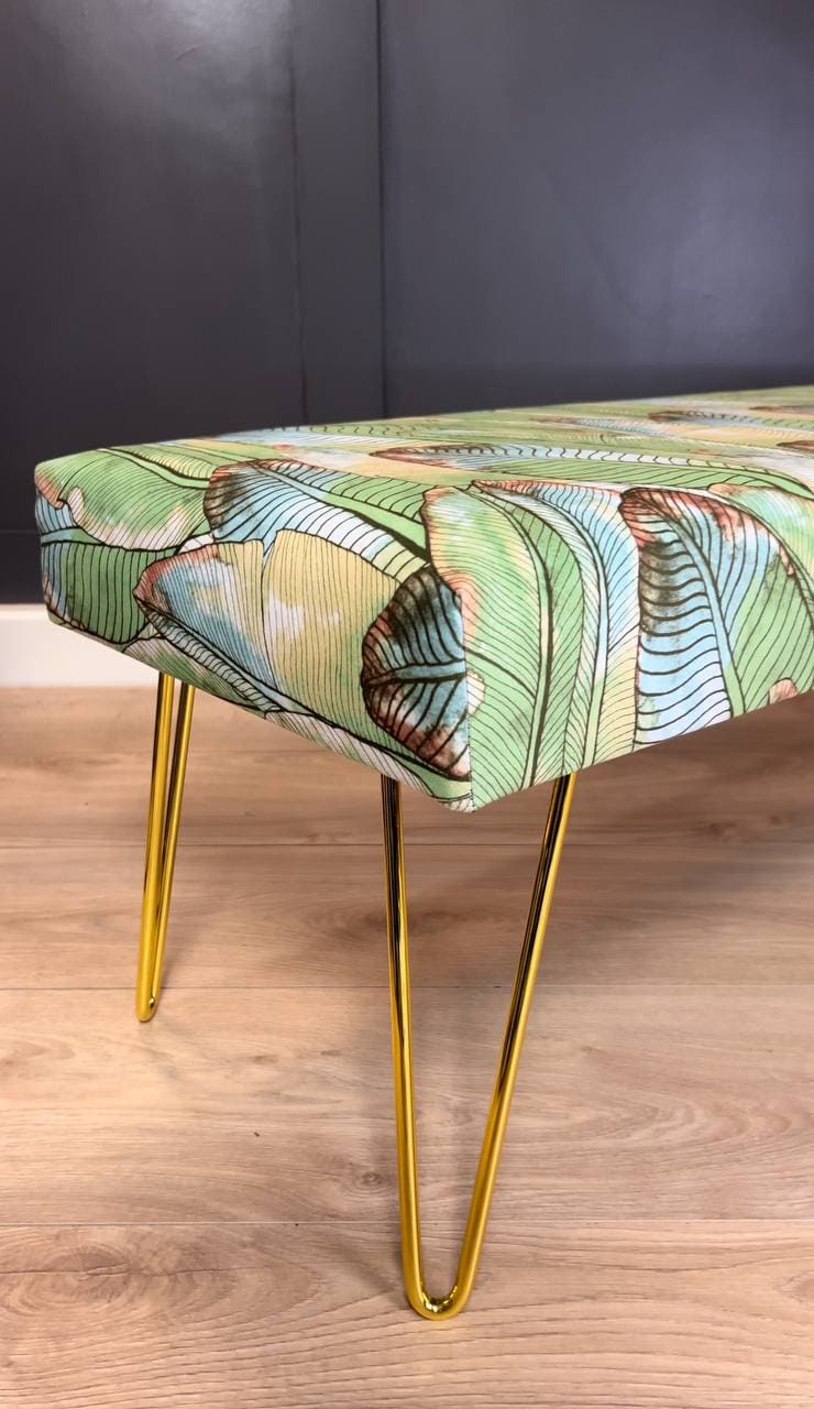 Green Tropical Velvet Bench 100x40cm - Golden Hairpin Legs