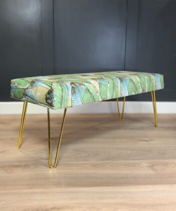 Green Tropical Velvet Bench 100x40cm - Golden Hairpin Legs