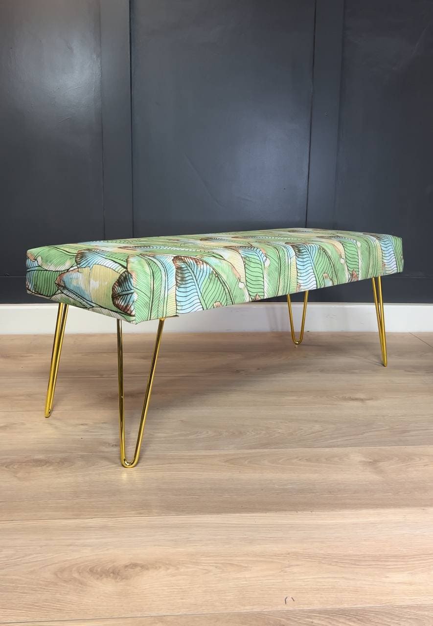 Green Tropical Velvet Bench 100x40cm - Golden Hairpin Legs