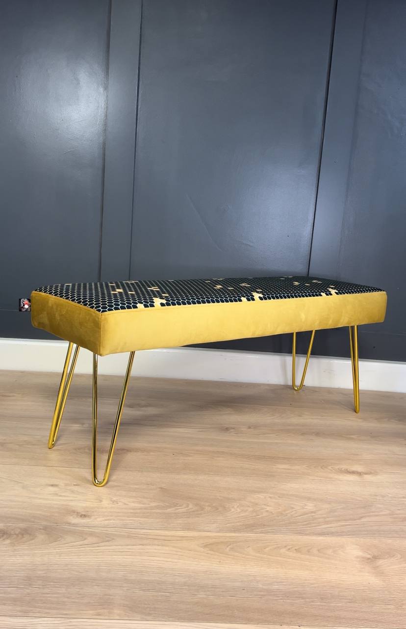 Mustard Velvet Bench Polka Dots 100x30cm Golden Metal Legs