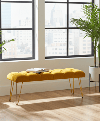 Mustard Yellow Velvet Bench 100x40cm Golden Hairpin Legs