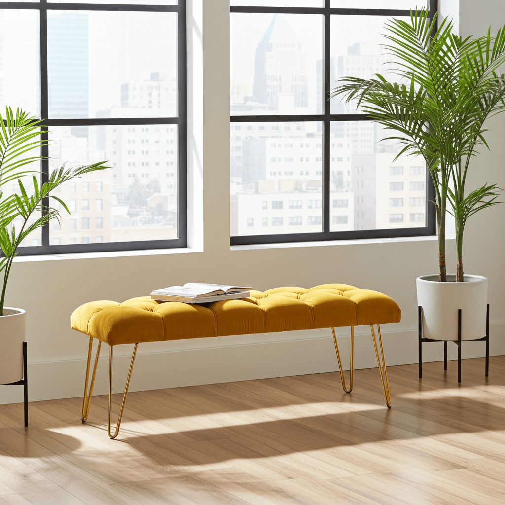 Mustard Yellow Velvet Bench 100x40cm Golden Hairpin Legs