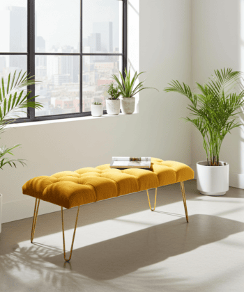 Mustard Yellow Velvet Bench 100x40cm Golden Hairpin Legs