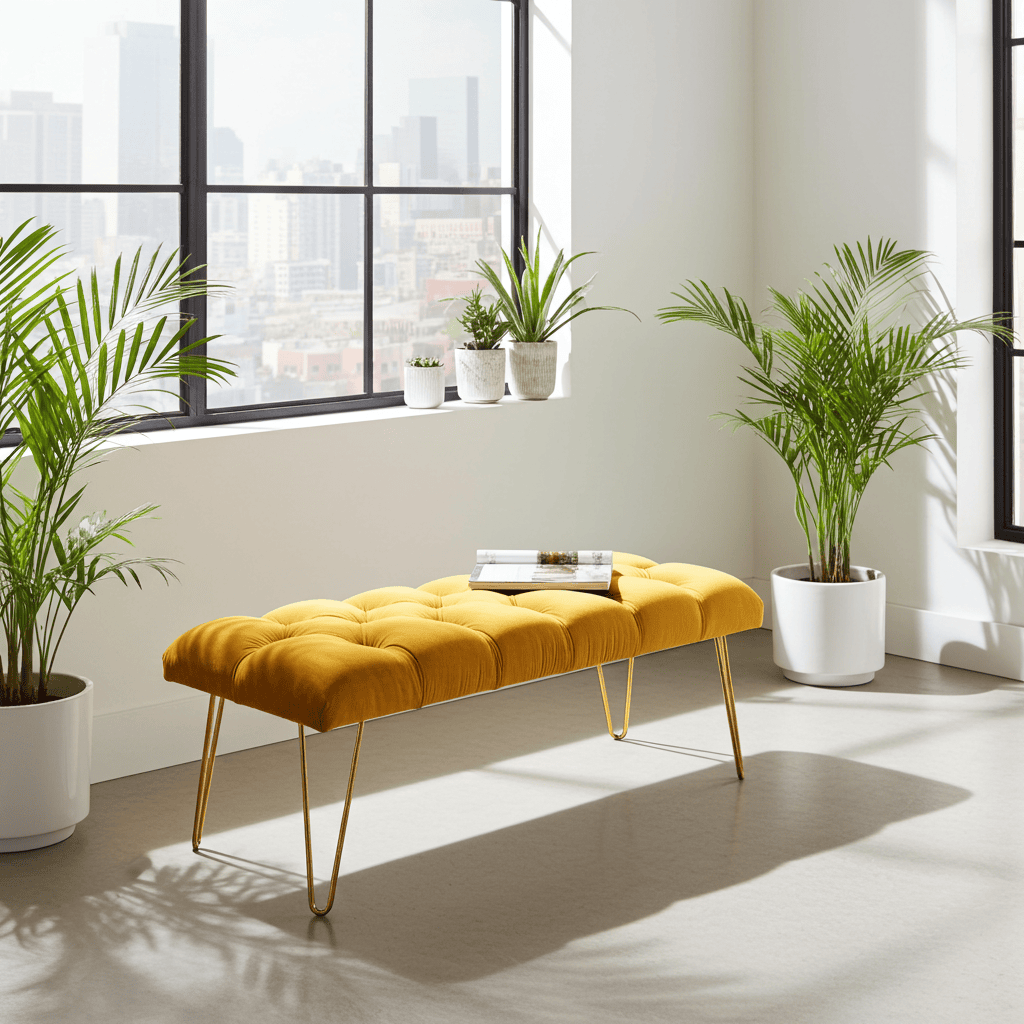 Mustard Yellow Velvet Bench 100x40cm Golden Hairpin Legs